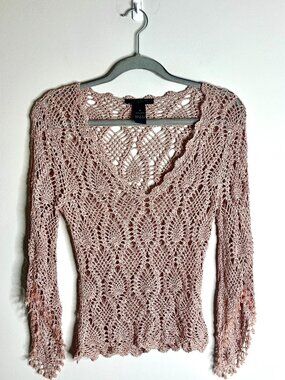 Vtg The Limited Handknit Rose Crochet Beaded Flare Sleeve Fairycore Sweater Y2K